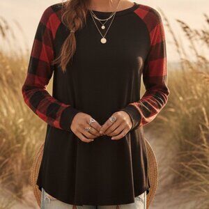 Buffalo Plaid PinkBlush Black Red Raglan Sleeve Tunic Top XL Extra Large